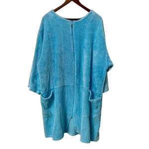 Women's‎ Blue Plush Robe Zip Front Long Sleeve Pockets Terrycloth
